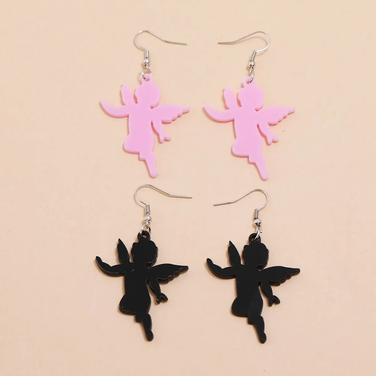 New Silver Ear Hook Pink Black Acrylic Little Angel Pendant Earrings Set