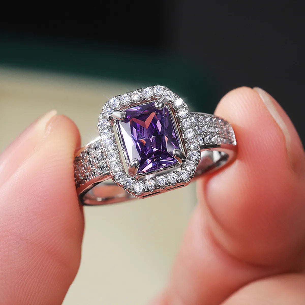 New Simple Fashion Square Copper Inlaid Purple Zircon Ring Wholesale