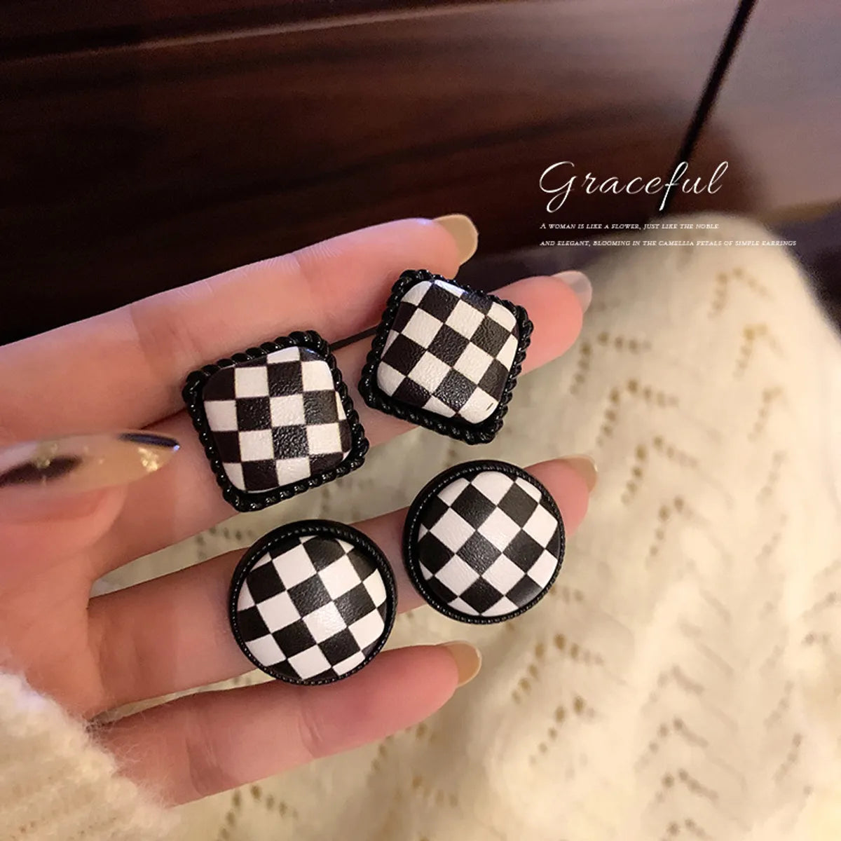 New Simple Fashion Trendy Fashion All-match Pu Leather Black And White Plaid Round Square Earrings