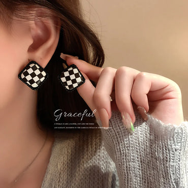 New Simple Fashion Trendy Fashion All-match Pu Leather Black And White Plaid Round Square Earrings