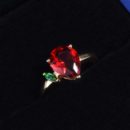 New Simulation Pigeon Blood Ruby Drop-Shaped Ring 18k Yellow Gold Color Imitation Tourmaline Open Ring