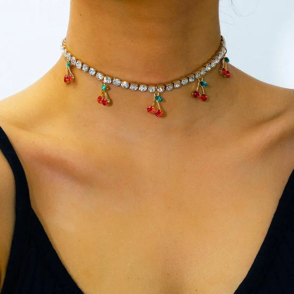 New Single Row Micro-Embellished Diamond Rhinestone Cherry Tennis Chain Cherry Pendant For Women