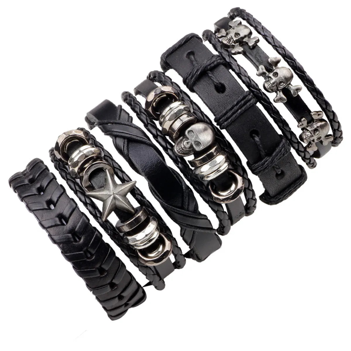 New Six-Piece Real Cowhide Bracelet Skull Set Men'S Woven Bracelet Set Wholesale