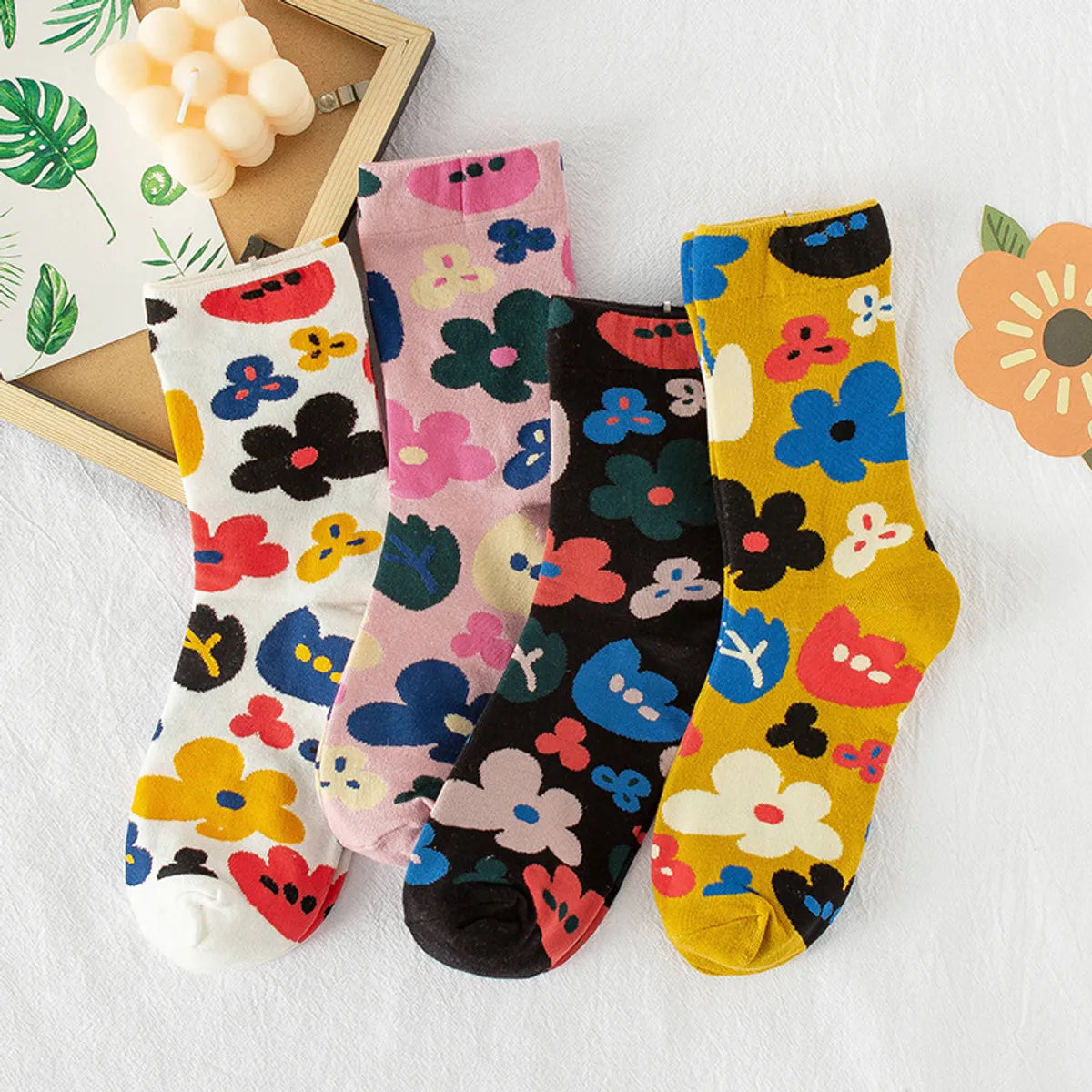 New Socks Women'S Tube Socks Korean Small Flower Personality Cartoon Socks Wholesale