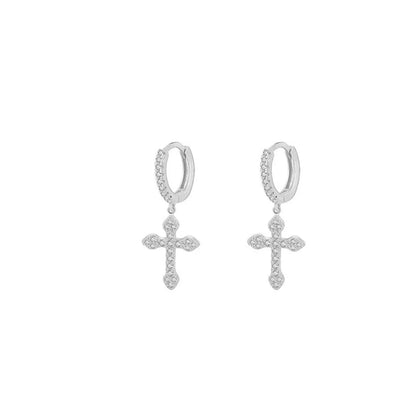 New Style Copper Inlaid Zircon Gold Plated Cross Pendant Earrings