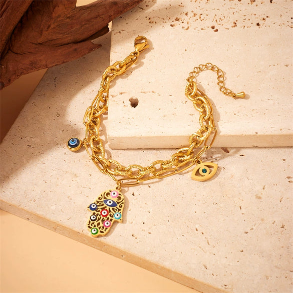 New Style Creative Color Oil Dropping Eyes Palm Accessories Pendant Design All Match Overlapped Titanium Steel Bracelet With Electroplating And Geometric Pattern