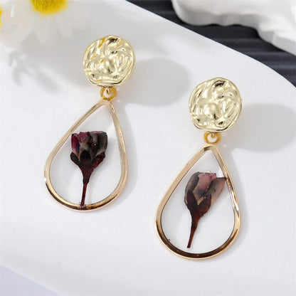 New Style Dried Flower Irregular Geometric Water Drop Round Pendant Earrings