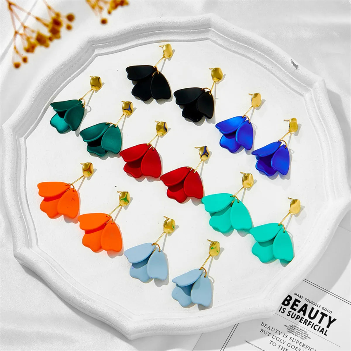 New Style Fashion Red Blue Petal Leaf Pendant Earrings