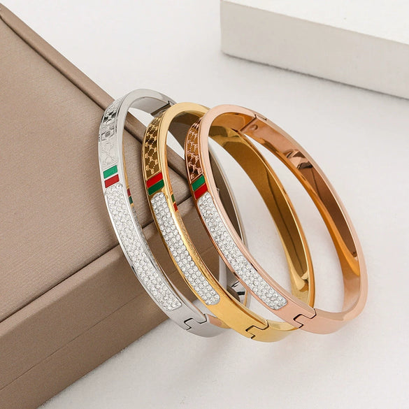 New Style Red And Green Diamondencrusted Titanium Steel Rose Gold Electroplated Bracelet Simple Allmatch