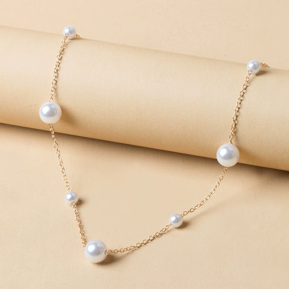 New Style Simple Pearl Alloy Necklace With Geometric Styling Electroplated For Women Fashion Street Sweater Chain