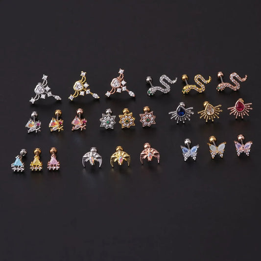 New Style Stainless Steel Thin Rod Colorful Zircon Ear Bone Nails