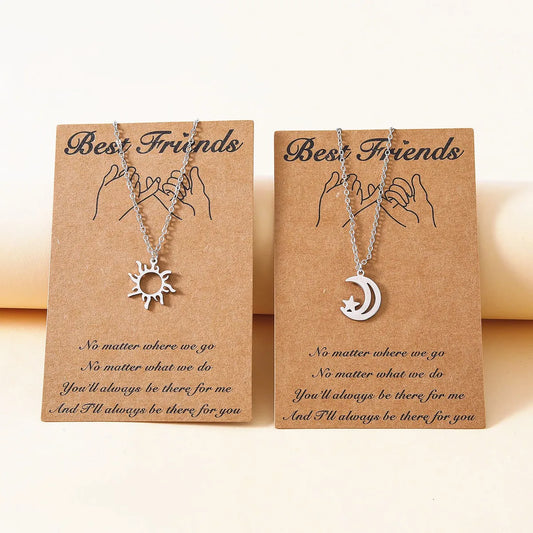 New Sun Moon Good Friend Card Creative Stainless Steel Sun Moon Clavicle Chain 2 Piece Set