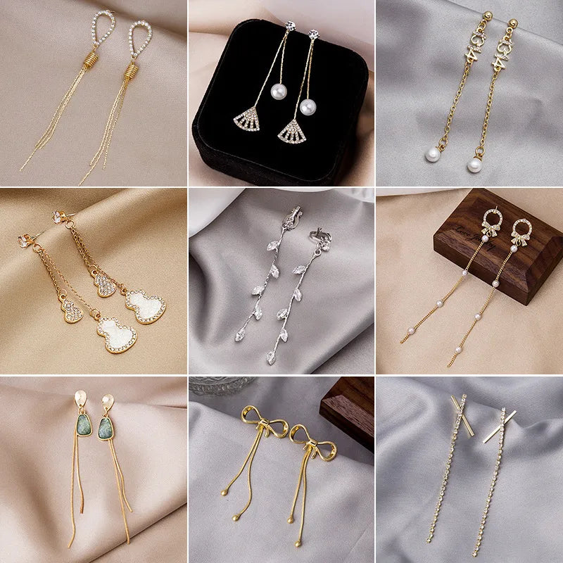 New Tassel Diamond-Studded Butterfly Flower Pearl Fashion Long Thin Alloy Earrings