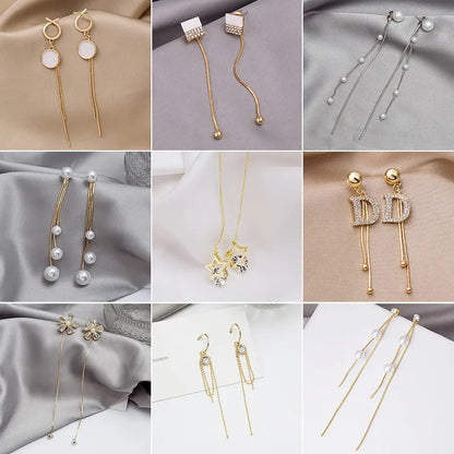 New Tassel Diamond-Studded Butterfly Flower Pearl Fashion Long Thin Alloy Earrings