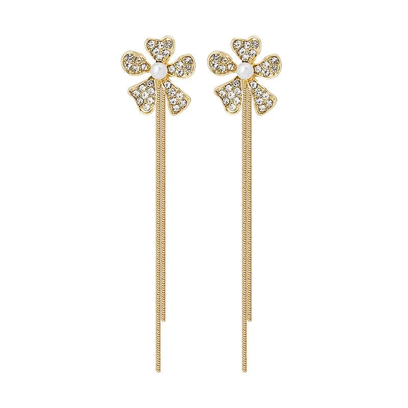 New Tassel Diamond-Studded Butterfly Flower Pearl Fashion Long Thin Alloy Earrings