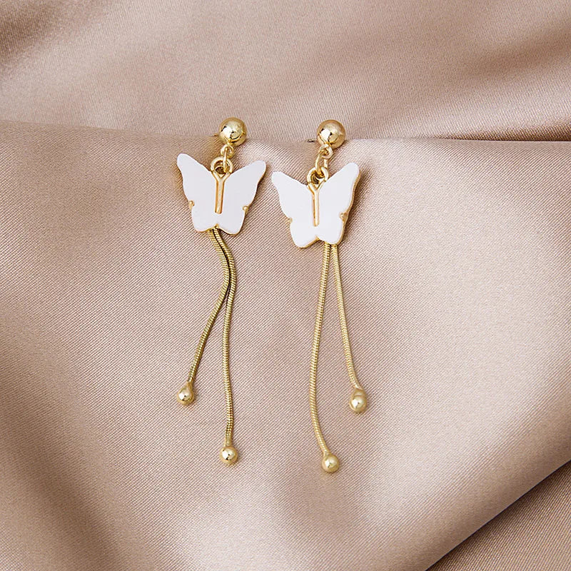 New Tassel Diamond-Studded Butterfly Flower Pearl Fashion Long Thin Alloy Earrings