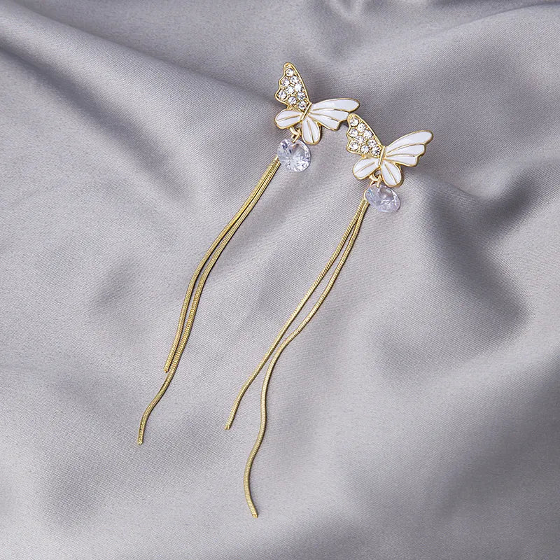 New Tassel Diamond-Studded Butterfly Flower Pearl Fashion Long Thin Alloy Earrings