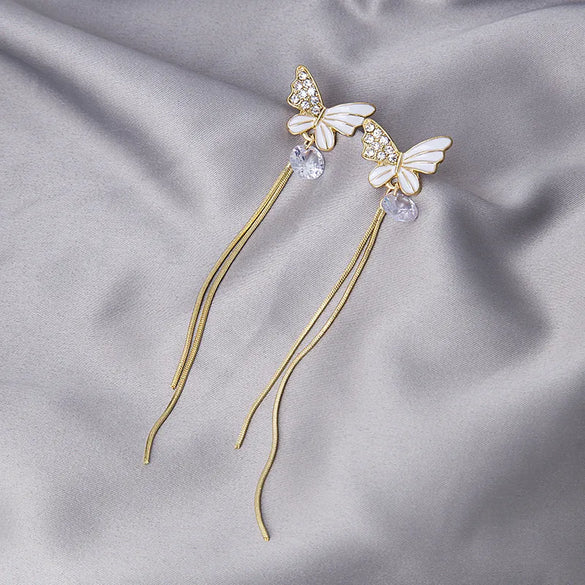 New Tassel Diamond-Studded Butterfly Flower Pearl Fashion Long Thin Alloy Earrings