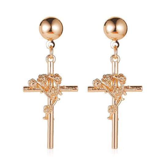 New Three-dimensional Embossed Rose Retro Elegant Cross Earrings Wholesale