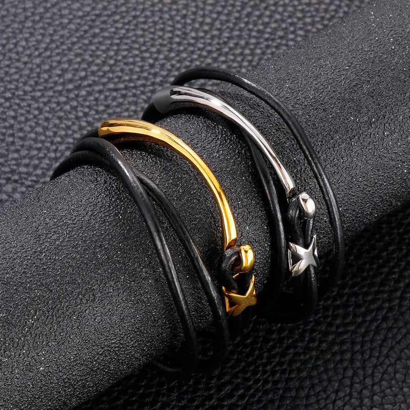 Retro Solid Color Titanium Steel Handmade 18K Gold Plated Men'S Bracelets