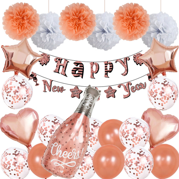 New Year Black And Gold Latex Balloon Set With Happy New Year Flag Banner Party Decorations