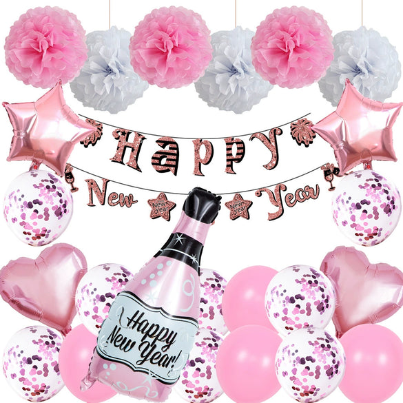 New Year Black And Gold Latex Balloon Set With Happy New Year Flag Banner Party Decorations