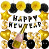 New Year Black And Gold Latex Balloon Set With Happy New Year Flag Banner Party Decorations