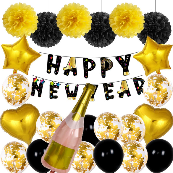 New Year Black And Gold Latex Balloon Set With Happy New Year Flag Banner Party Decorations