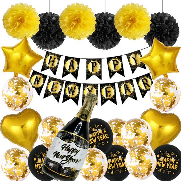 New Year Black And Gold Latex Balloon Set With Happy New Year Flag Banner Party Decorations