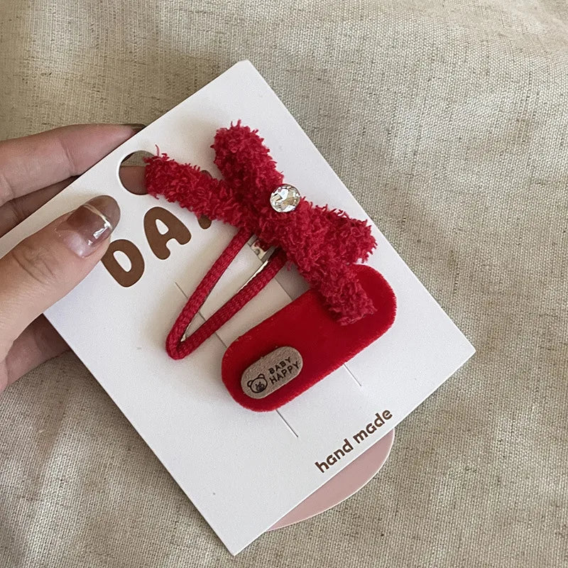 New Year Plush Hairpin Korean College Style Red Bangs Side Clip Children'S Headdress Hair Accessories Hairpin Female