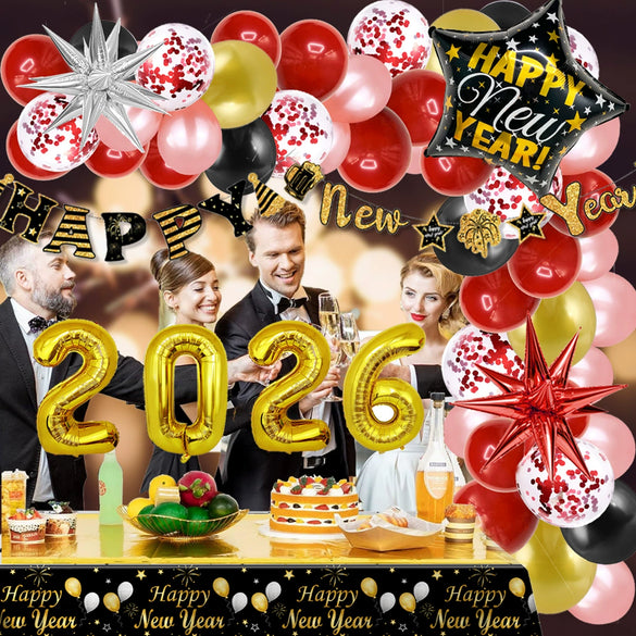 New Year Round Aluminum Foil Balloon Set With Golden Banner For Holiday Eve Party Decorations