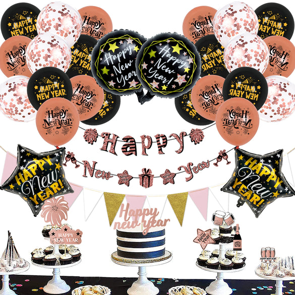 New Year Round Aluminum Foil Balloon Set With Golden Banner For Holiday Eve Party Decorations