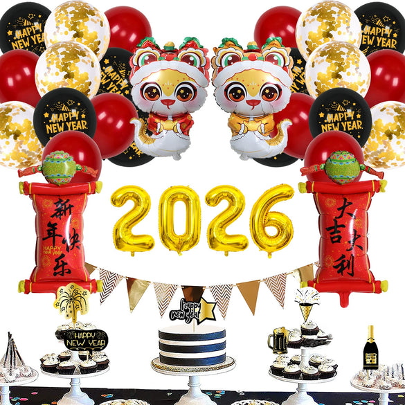 New Year Round Aluminum Foil Balloon Set With Golden Banner For Holiday Eve Party Decorations
