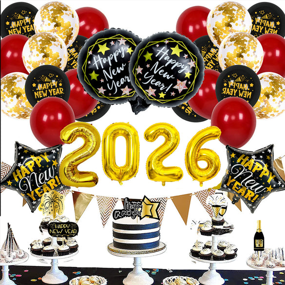 New Year Round Aluminum Foil Balloon Set With Golden Banner For Holiday Eve Party Decorations
