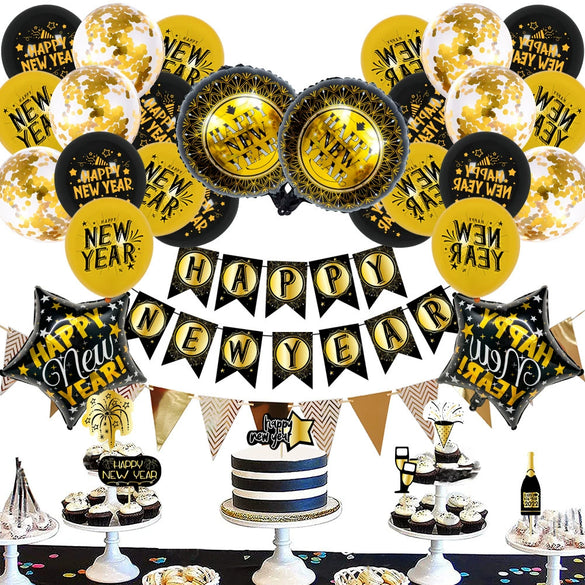 New Year Round Aluminum Foil Balloon Set With Golden Banner For Holiday Eve Party Decorations