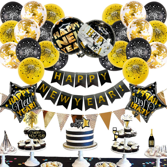 New Year Round Aluminum Foil Balloon Set With Golden Banner For Holiday Eve Party Decorations