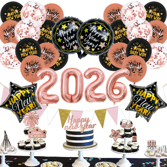 New Year Round Aluminum Foil Balloon Set With Golden Banner For Holiday Eve Party Decorations