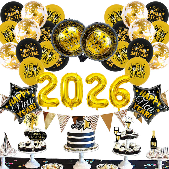 New Year Round Aluminum Foil Balloon Set With Golden Banner For Holiday Eve Party Decorations