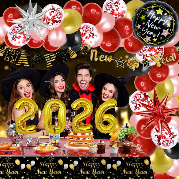 New Year Round Aluminum Foil Balloon Set With Golden Banner For Holiday Eve Party Decorations