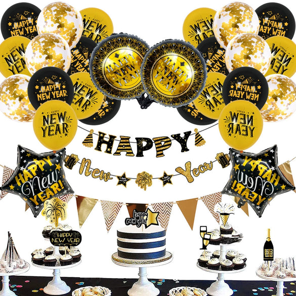New Year Round Aluminum Foil Balloon Set With Golden Banner For Holiday Eve Party Decorations