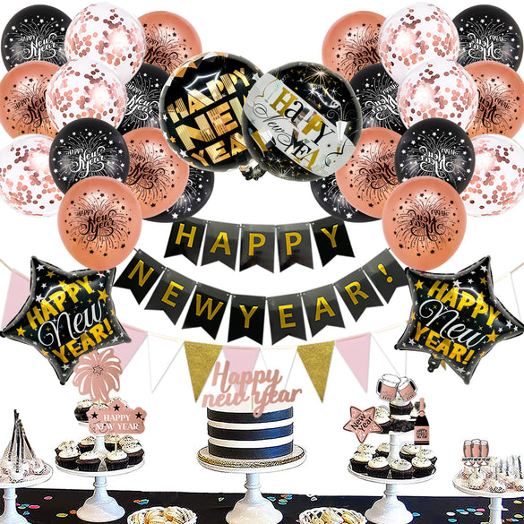 New Year Round Aluminum Foil Balloon Set With Golden Banner For Holiday Eve Party Decorations