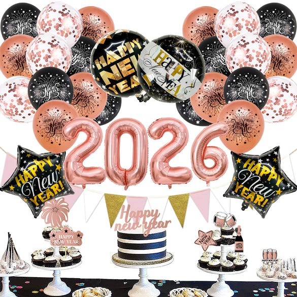 New Year Round Aluminum Foil Balloon Set With Golden Banner For Holiday Eve Party Decorations