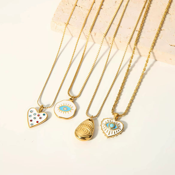 Niche Devil's Eye Stainless Steel Necklace Pendant For Women With Zircon And Dripping Oil Design Eyeshaped Geometric Pattern Goldplated