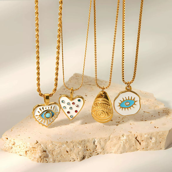 Niche Devil's Eye Stainless Steel Necklace Pendant For Women With Zircon And Dripping Oil Design Eyeshaped Geometric Pattern Goldplated