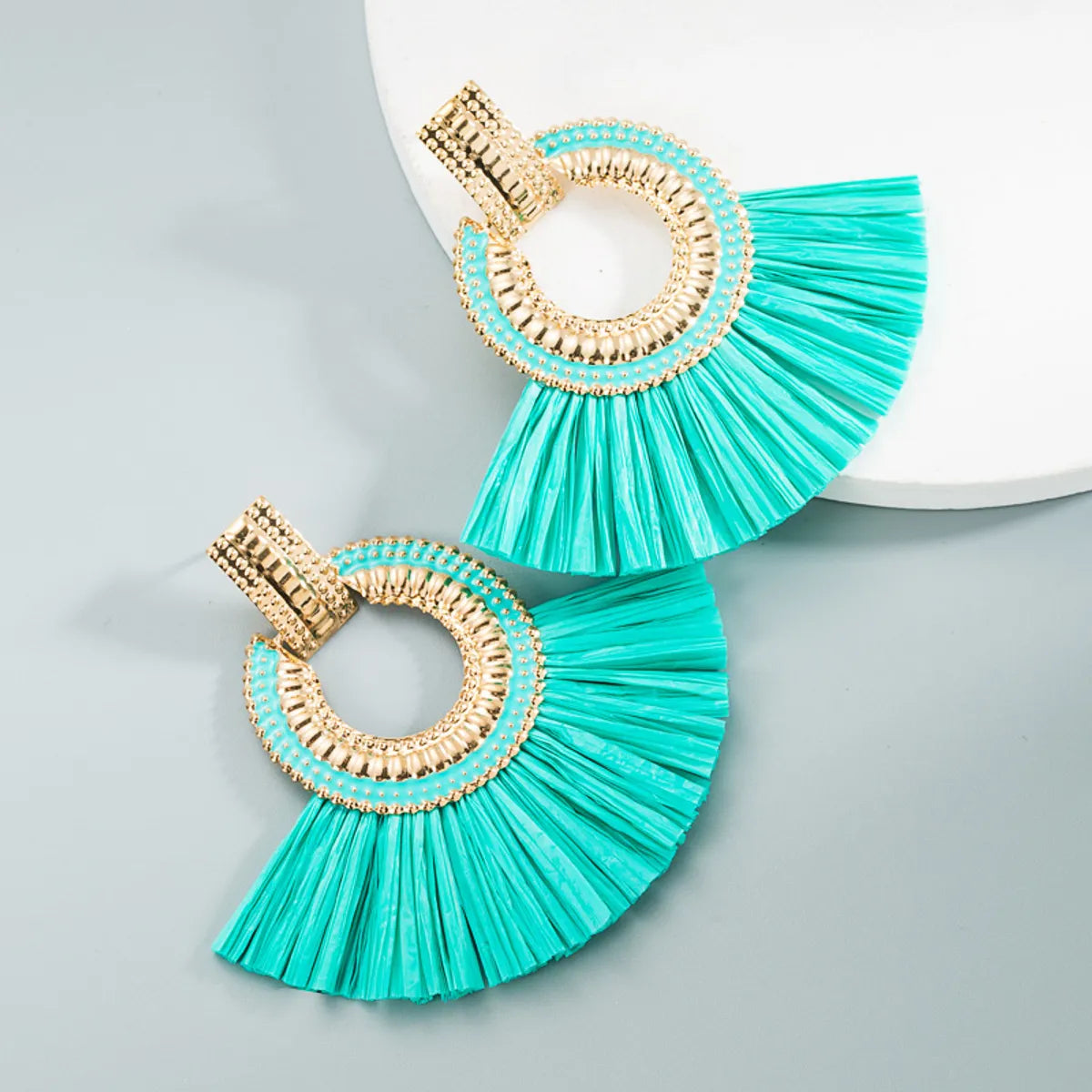 Gooddiy Bohemian Ethnic Fan-shaped Raffia Fringe Earrings Wholesale Jewelry