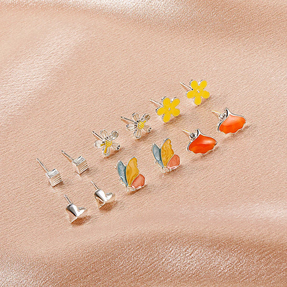 Gooddiy Korean Style Fruit Geometric Dripping Oil Earrings 6-Piece Set Wholesale Jewelry