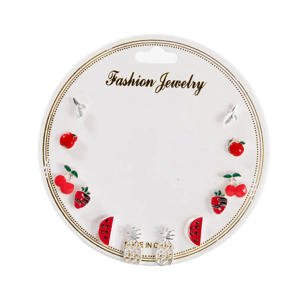 Gooddiy Korean Style Fruit Geometric Dripping Oil Earrings 6-Piece Set Wholesale Jewelry