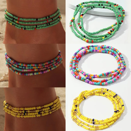 Gooddiy Simple Braided Geometric Hit Color Rice Bead Elastic Anklet Wholesale Jewelry