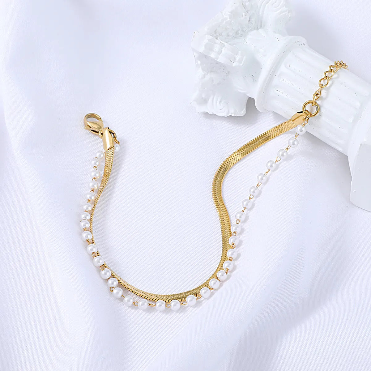 Gooddiy Stainless Steel Snake Bone Pearl Chain Double-layer Bracelet Wholesale Jewelry