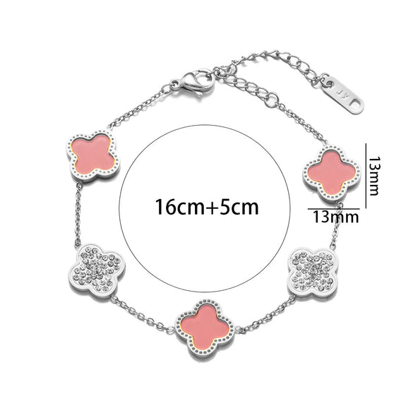 Nonfading Titanium Steel Fourleaf Clover Diamond Charm Bracelet With 18K Rose Gold Finish For Women